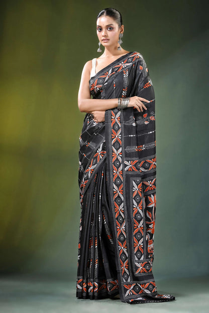 Charcoal black nature theme handcrafted silk kantha saree intricate orange white 6