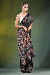 Charcoal black nature theme handcrafted silk kantha saree intricate orange 4