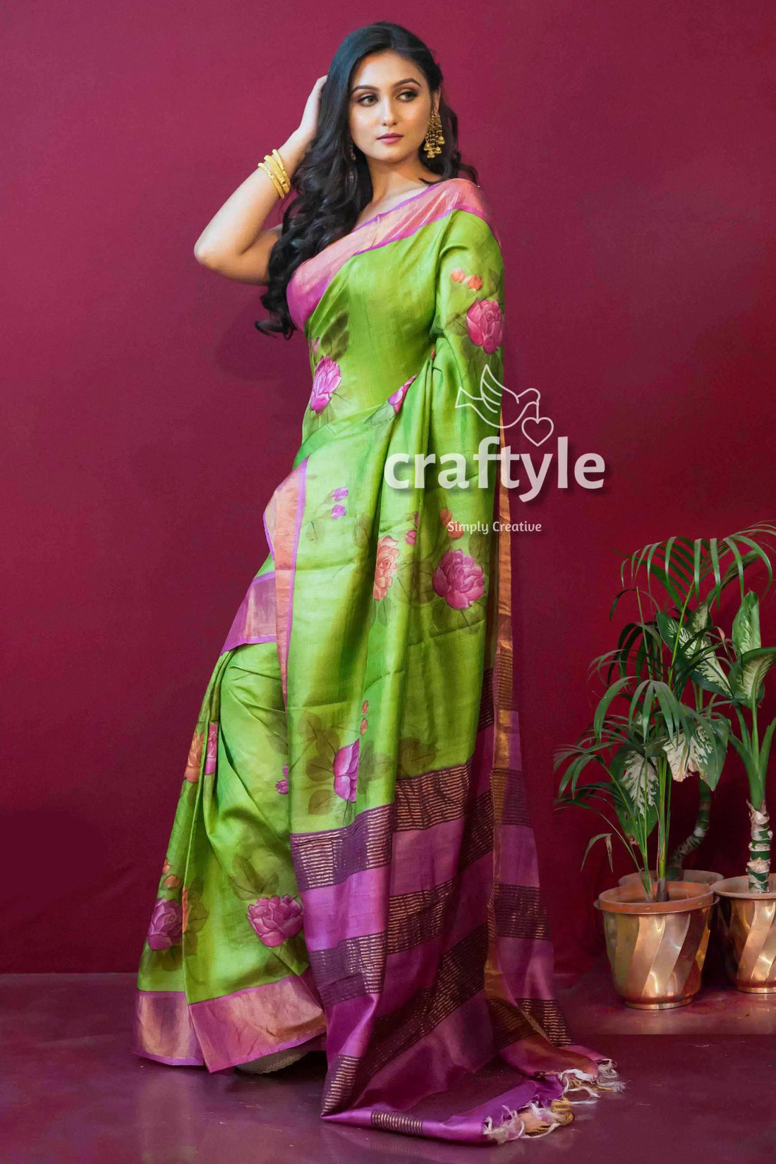 Chartreuse green bishnupuri pure tussar silk hand painted saree green pink floral saree 1