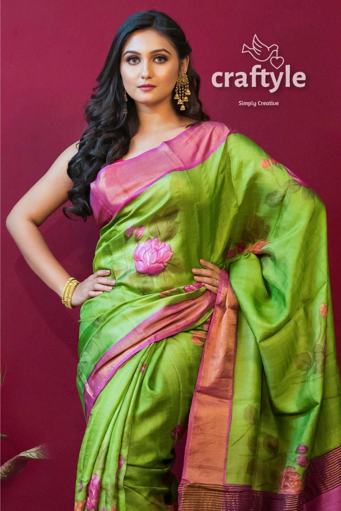 Chartreuse green bishnupuri pure tussar silk hand painted saree green pink floral saree 2