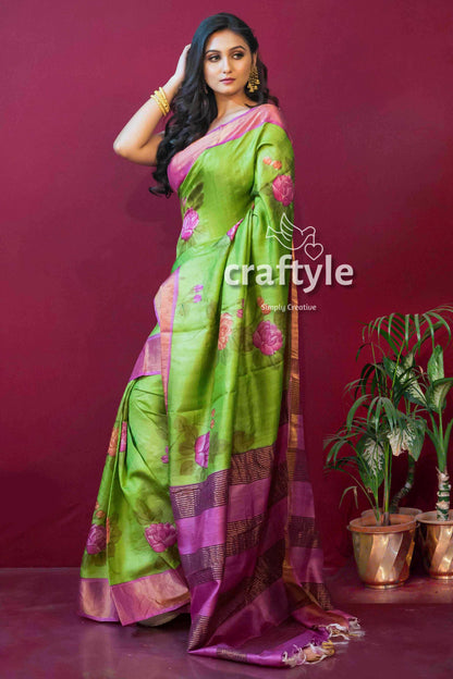 Chartreuse Green Bishnupuri Pure Tussar Silk Hand Painted Saree - Craftyle