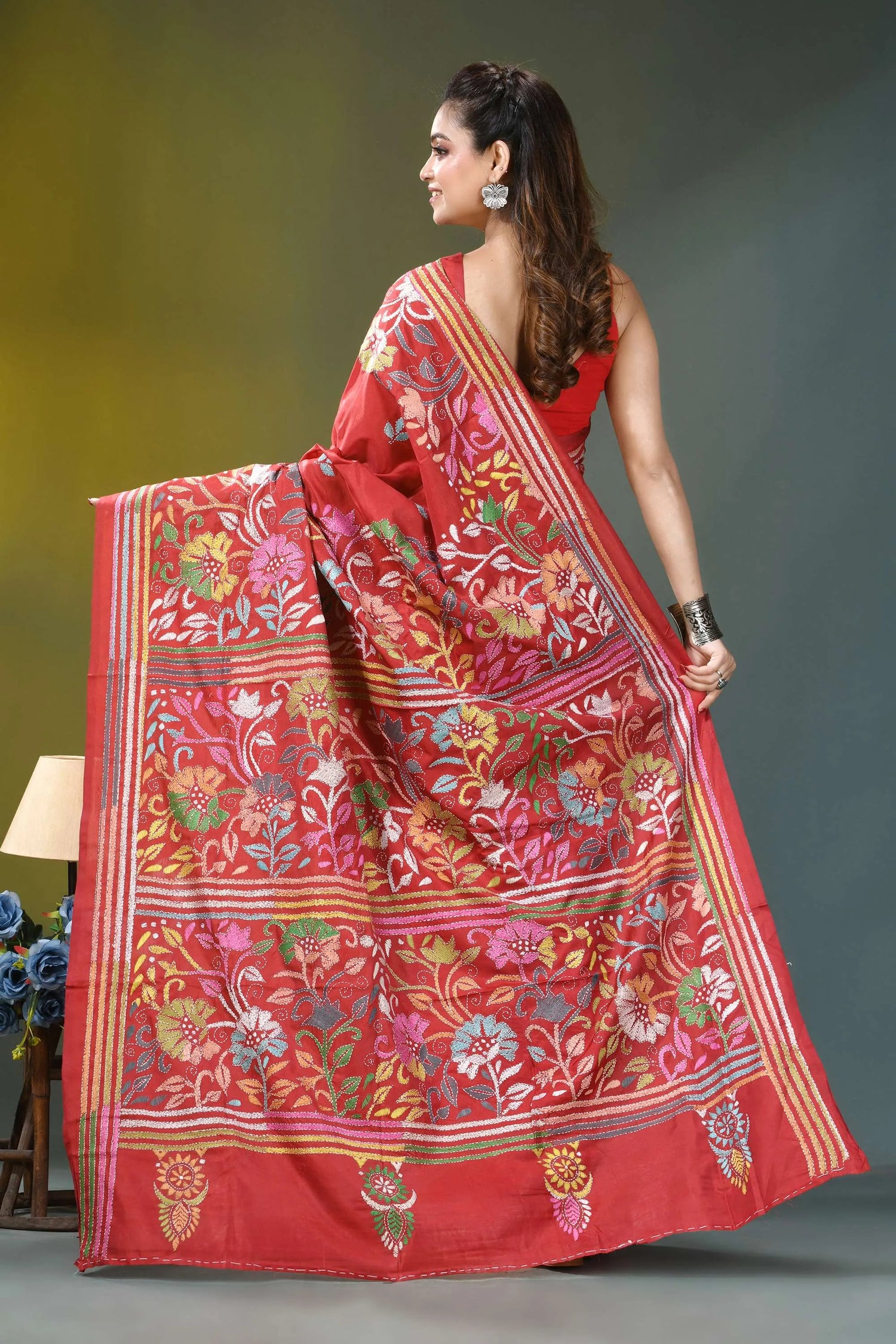 Cherry red multicolor floral handcrafted silk kantha saree vibrant red silk saree adorned 4