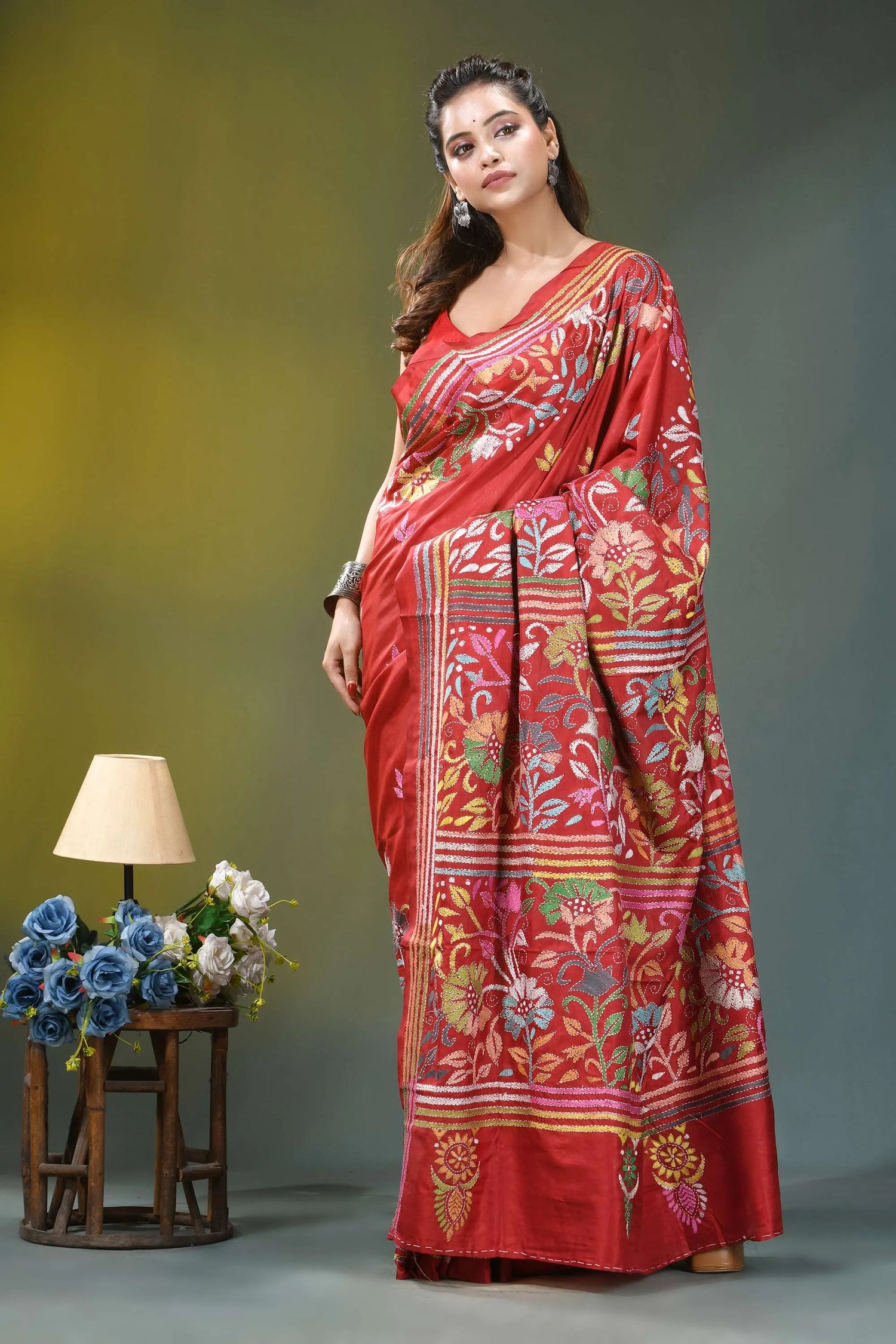 Cherry red multicolor floral handcrafted silk kantha saree vibrant red silk saree adorned 5