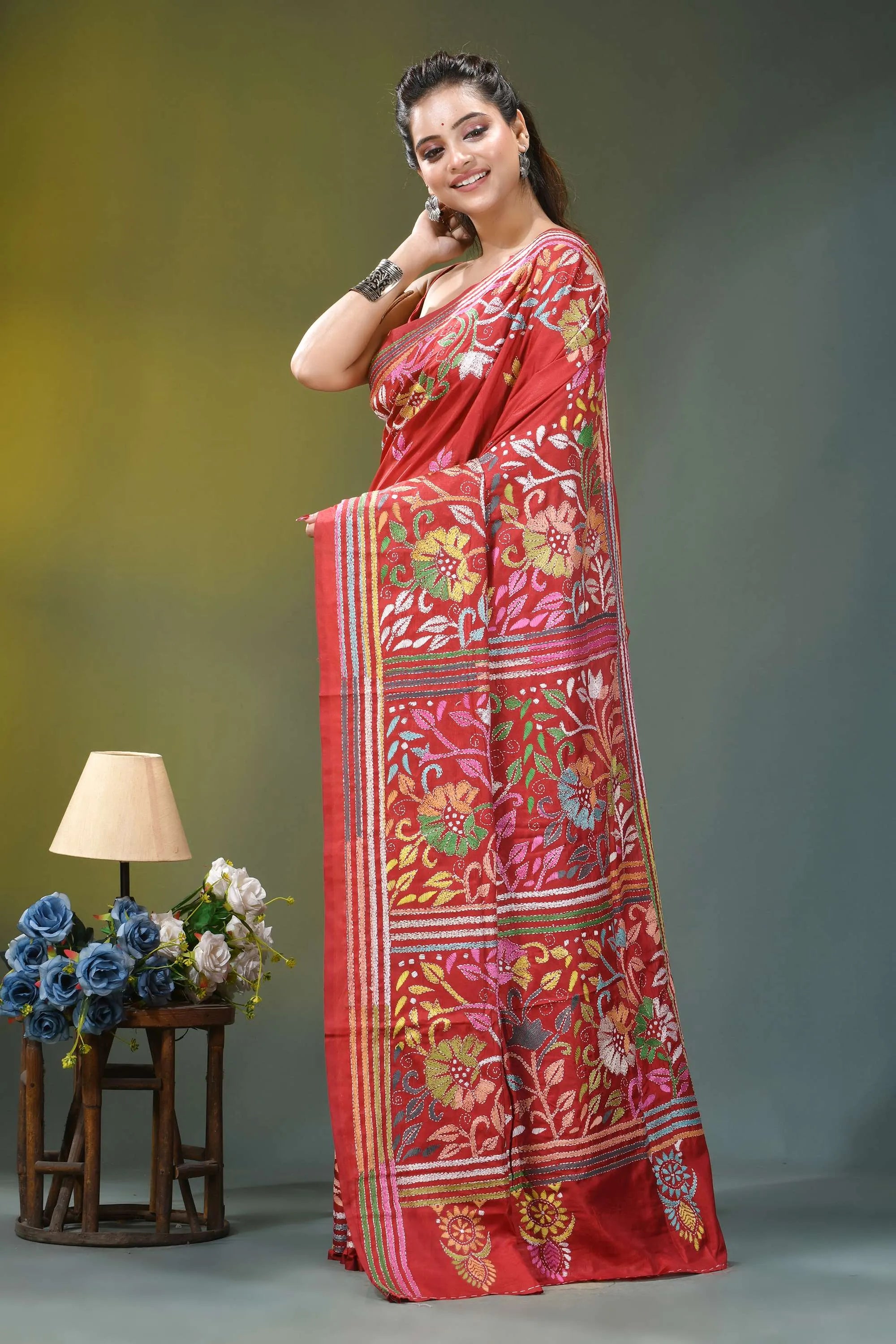 Cherry red multicolor floral handcrafted silk kantha saree vibrant red silk saree adorned 3