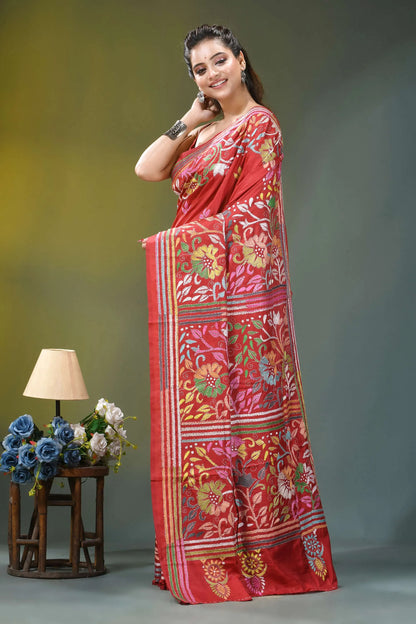 Cherry red multicolor floral handcrafted silk kantha saree vibrant red silk saree adorned 3