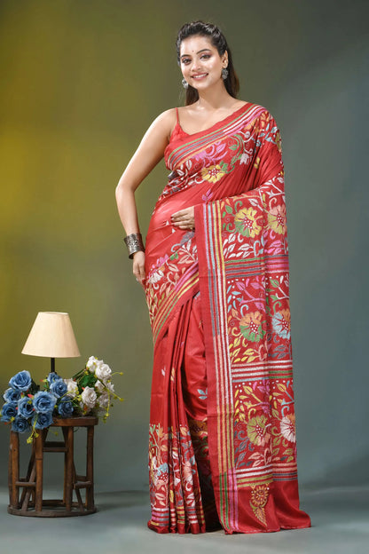 Cherry red multicolor floral handcrafted silk kantha saree vibrant red silk saree adorned 6