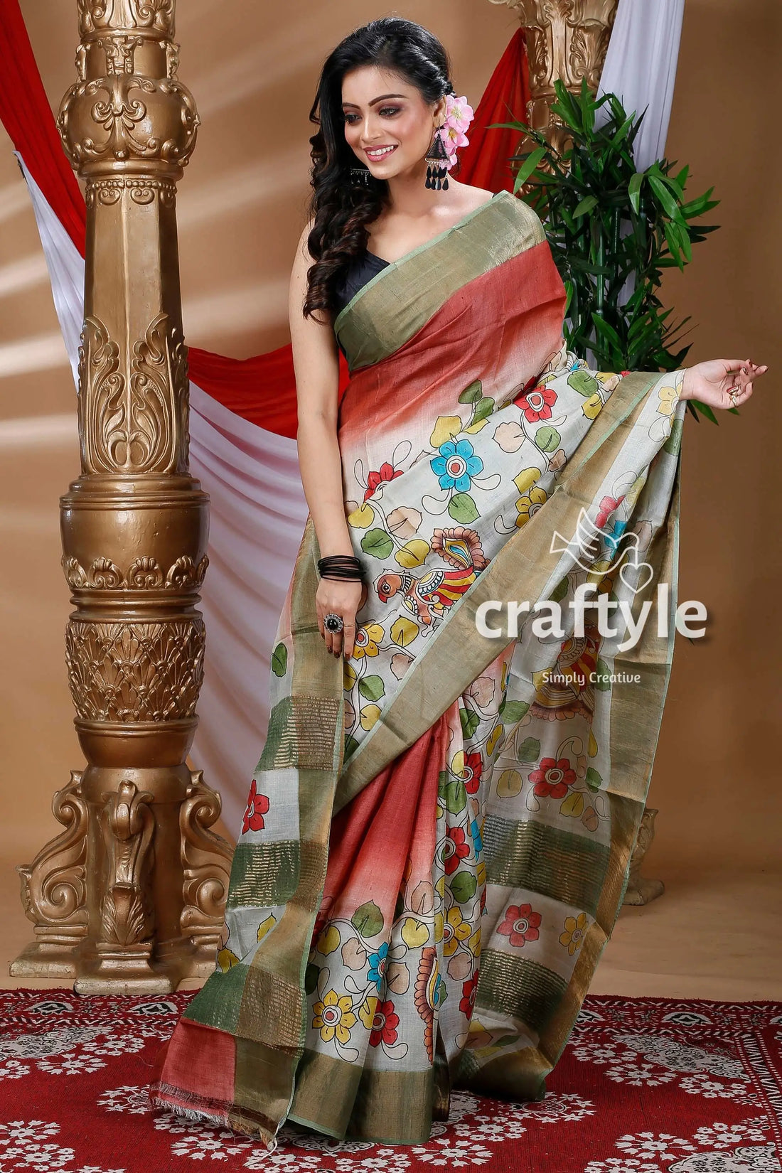 Cherry red shade zari pure tussar kalamkari design sari woman floral-patterned saree 2