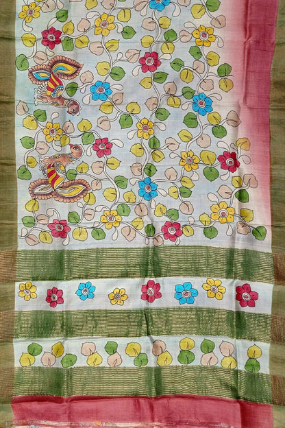 Cherry red shade zari pure tussar kalamkari design sari floral serpent-patterned saree 5