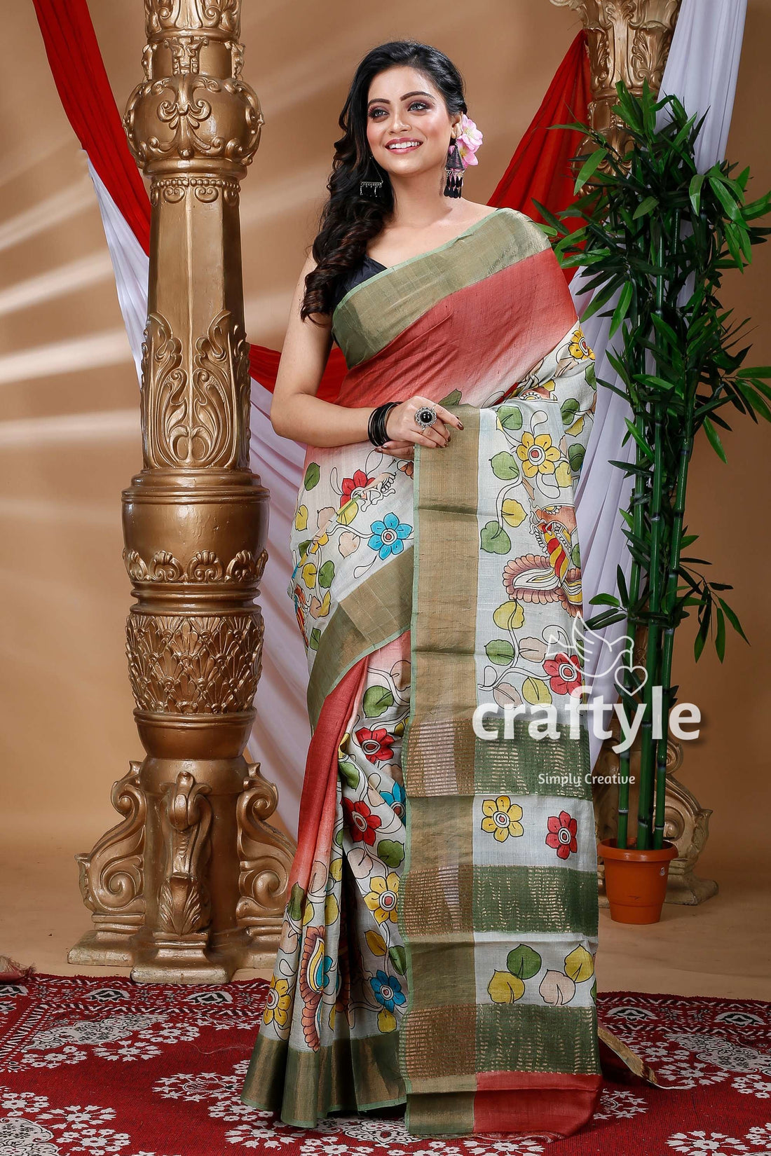 Cherry Red Shade Zari Pure Tussar Kalamkari Design Sari - Craftyle