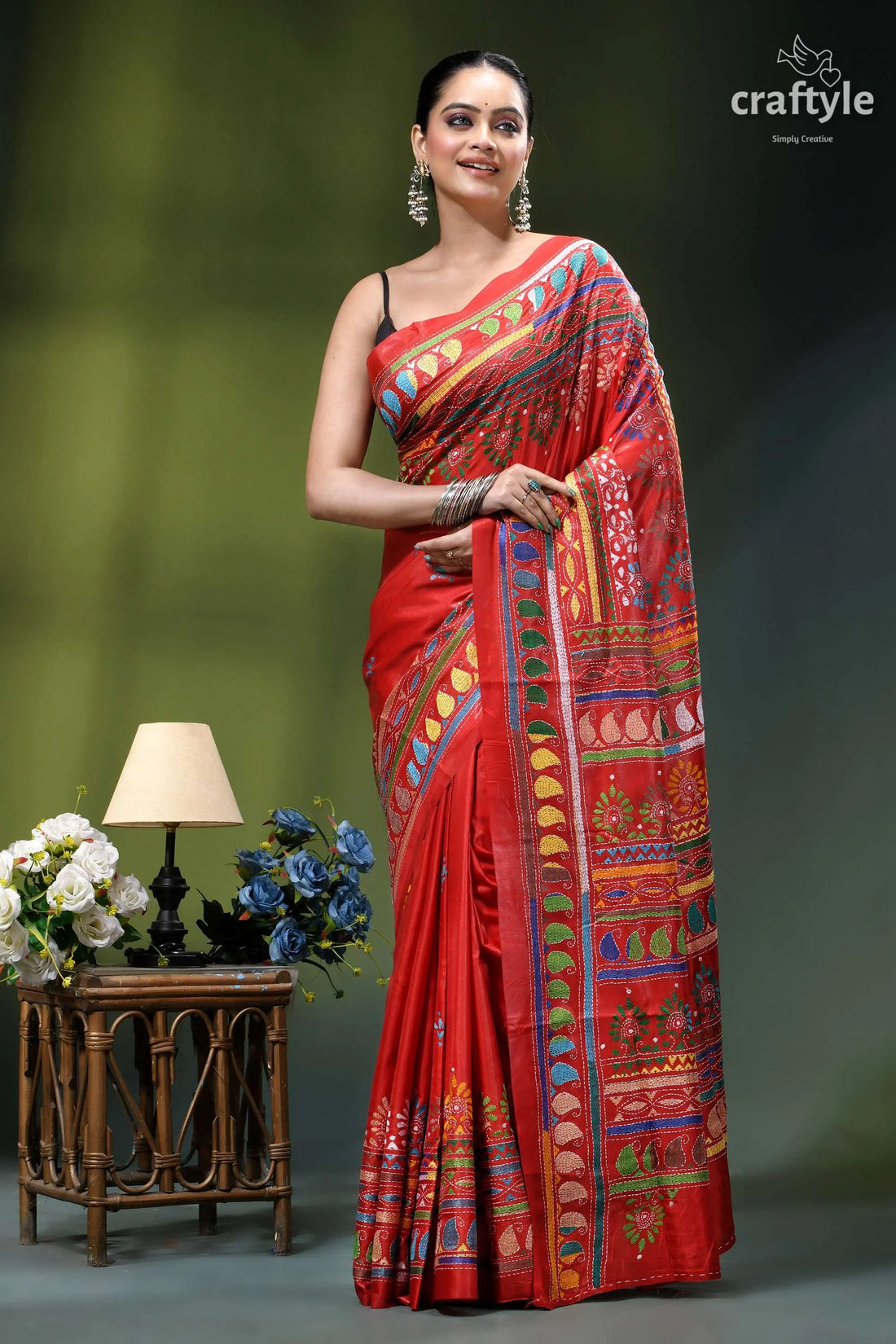 Chili pepper red multicolor kantha embroidery silk saree vibrant red silk saree adorned 1