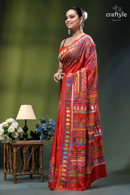 Chili pepper red multicolor kantha embroidery silk saree vibrant red saree adorned intricate 3