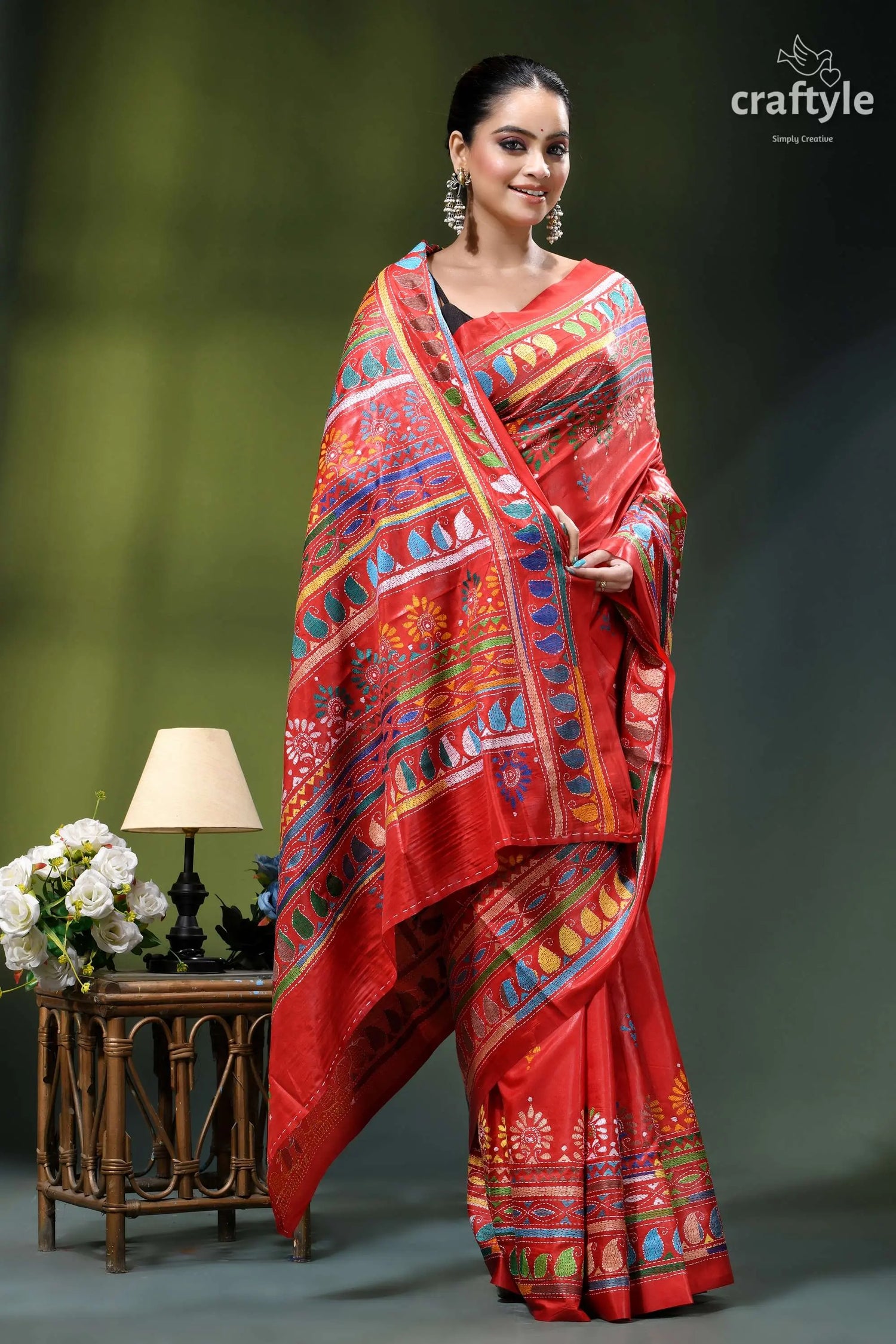 Chili pepper red multicolor kantha embroidery silk saree vibrant red traditional saree intricate 4