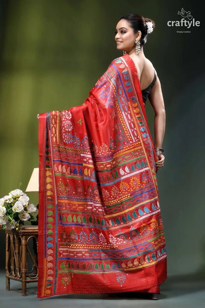 Chili pepper red multicolor kantha embroidery silk saree vibrant red handloom saree intricate 5