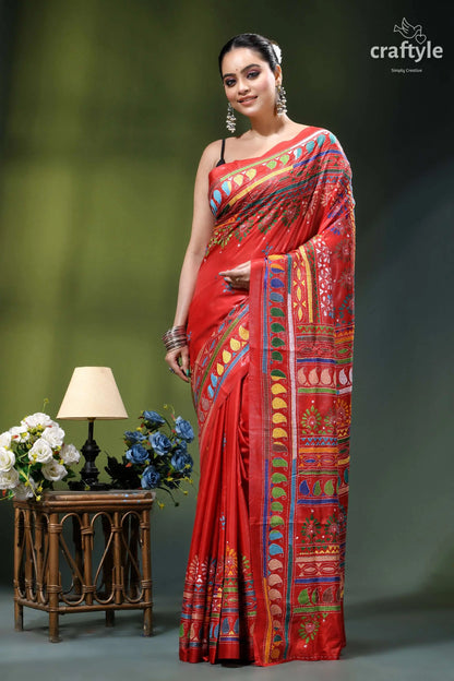 Chili pepper red multicolor kantha embroidery silk saree vibrant red silk saree intricate 6