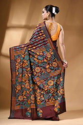 Chocolate brown multicolor floral handcrafted kantha silk saree maroon banarasi saree intricate floral 5
