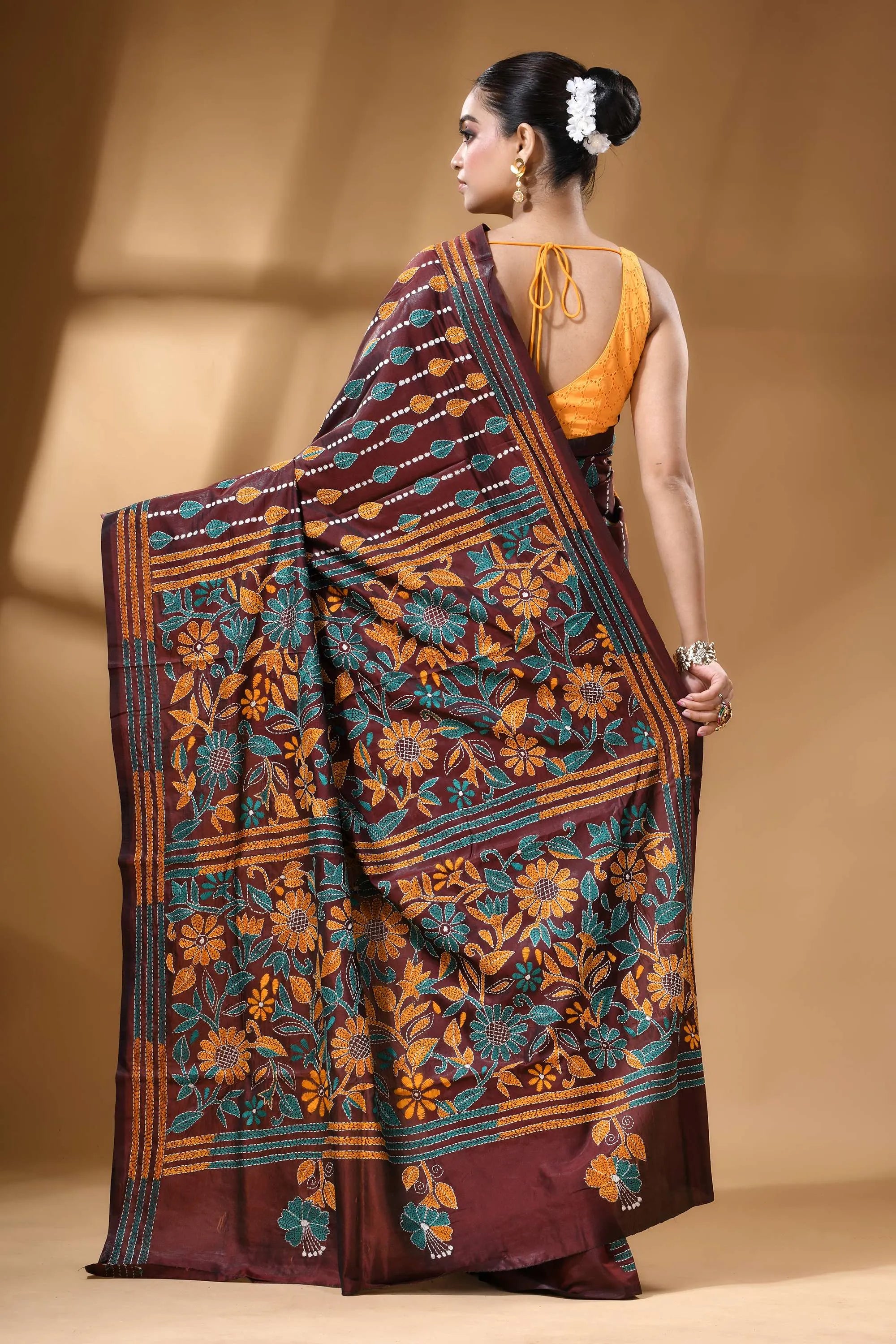 Chocolate brown multicolor floral handcrafted kantha silk saree maroon banarasi saree intricate floral 5