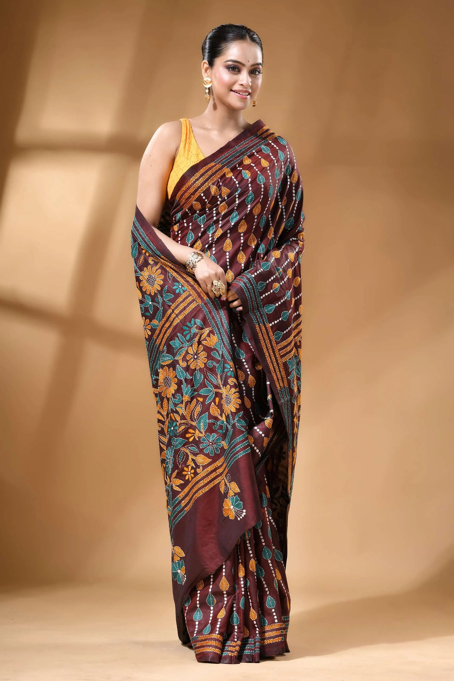 Chocolate brown multicolor floral handcrafted kantha silk saree rich maroon silk saree adorned 4