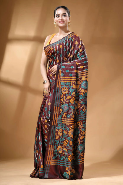Chocolate brown multicolor floral handcrafted kantha silk saree maroon silk saree intricate floral 3