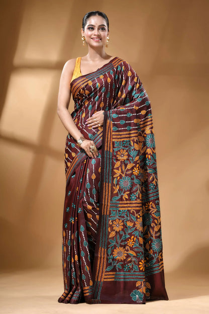 Chocolate brown multicolor floral handcrafted kantha silk saree maroon silk saree adorned intricate 6