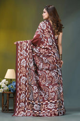 Chocolate brown paisley hand embroidered silk kantha saree maroon white floral-patterned saree intricate 5