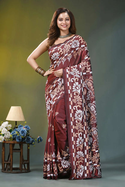 Chocolate brown paisley hand embroidered silk kantha saree maroon silk saree intricate white 6
