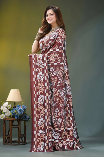 Chocolate brown paisley hand embroidered silk kantha saree maroon white patterned saree intricate 3