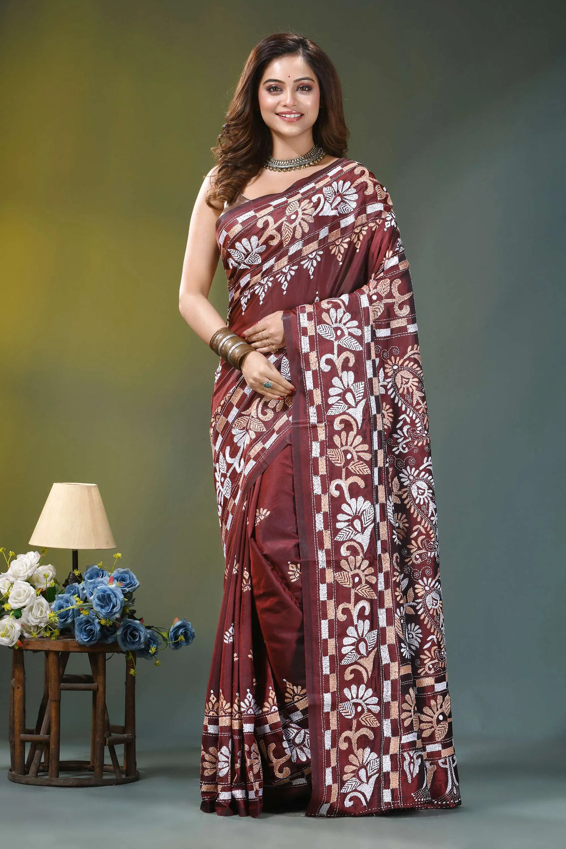 Chocolate brown paisley hand embroidered silk kantha saree maroon silk saree intricate white 1
