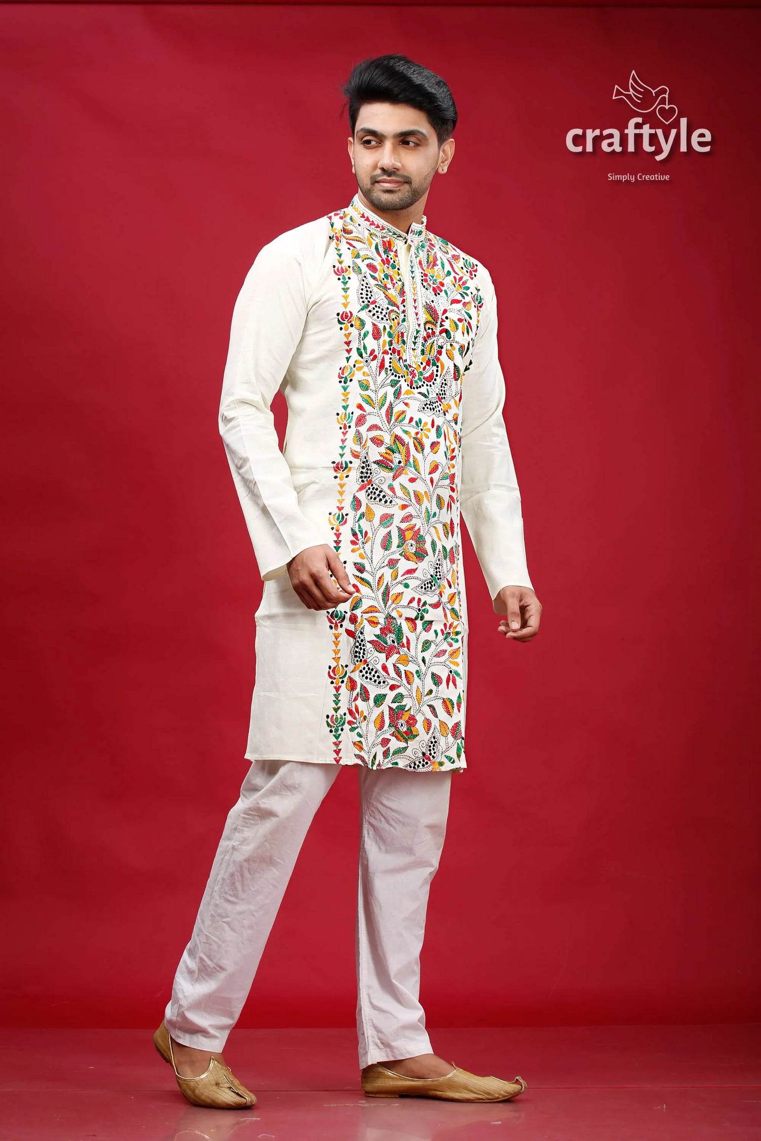 Chrome white multicolor hand embroidered kantha mens kurta colorful floral 4