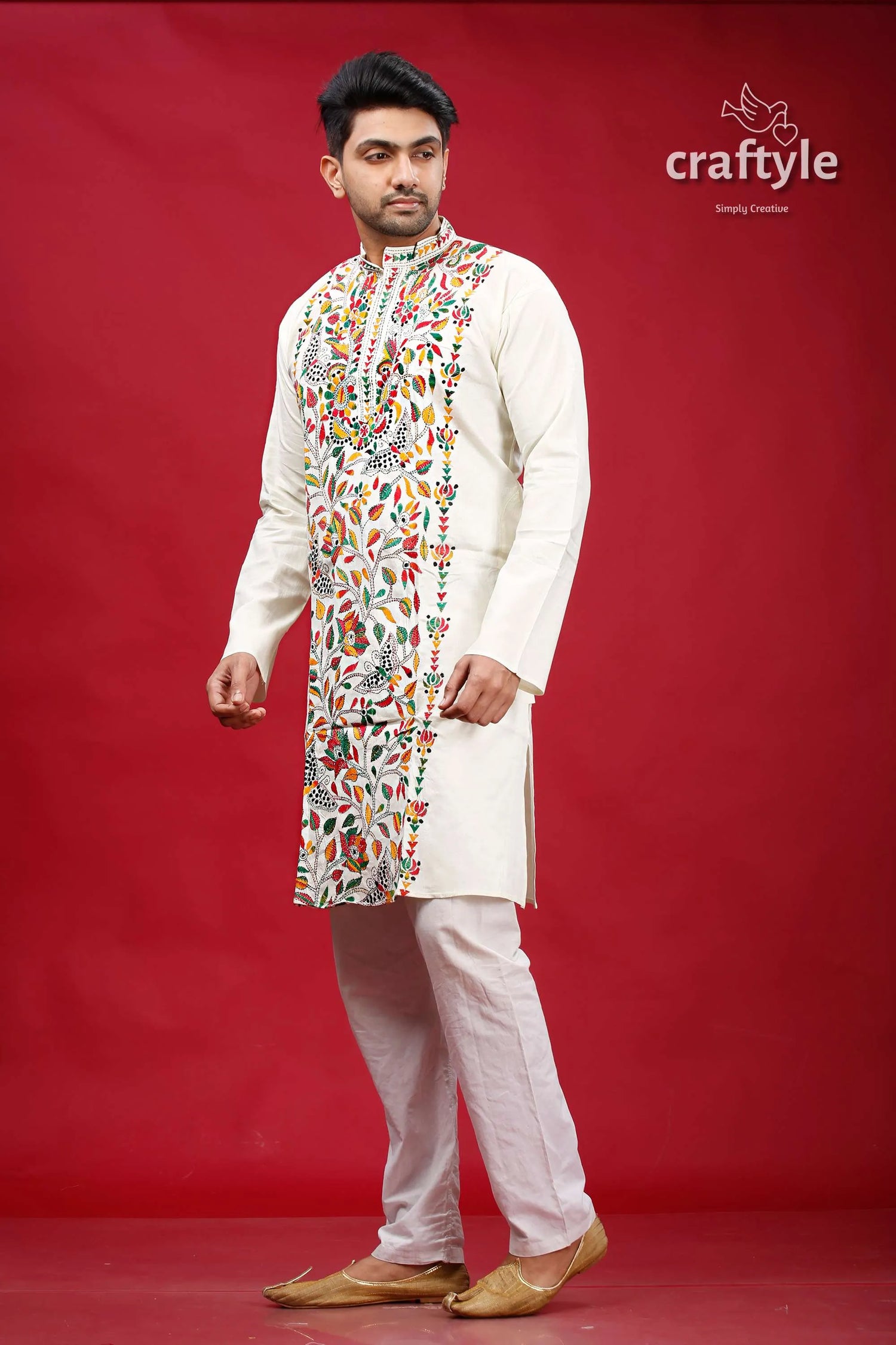 Chrome white multicolor hand embroidered kantha mens kurta man intricate colorful 3