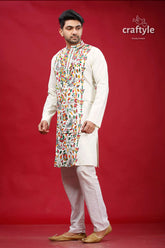 Chrome white multicolor hand embroidered kantha mens kurta man intricate colorful 3