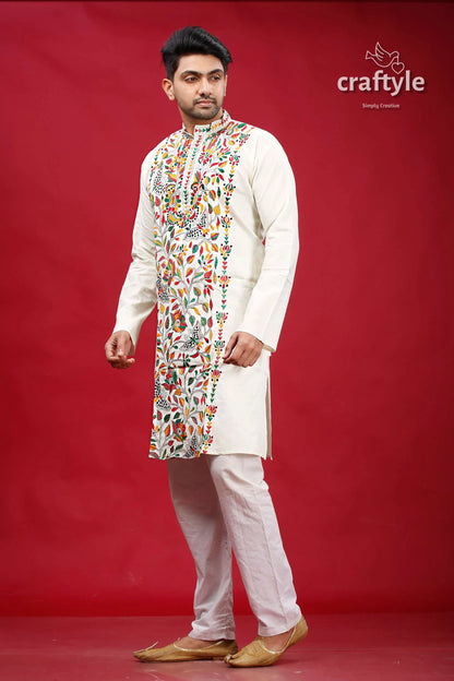 Chrome white multicolor hand embroidered kantha mens kurta man intricate colorful 3