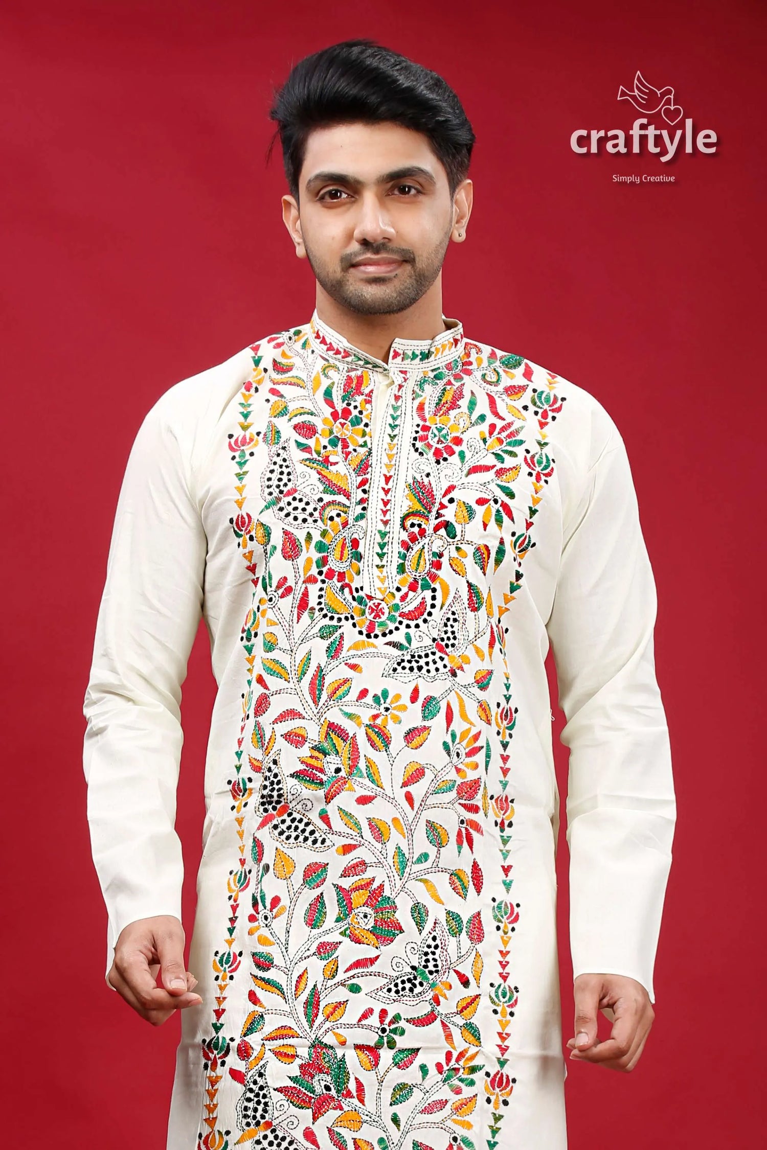 Chrome white multicolor hand embroidered kantha mens kurta man cream-colored intricate colorful 2