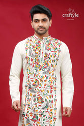 Chrome white multicolor hand embroidered kantha mens kurta man cream-colored intricate colorful 2