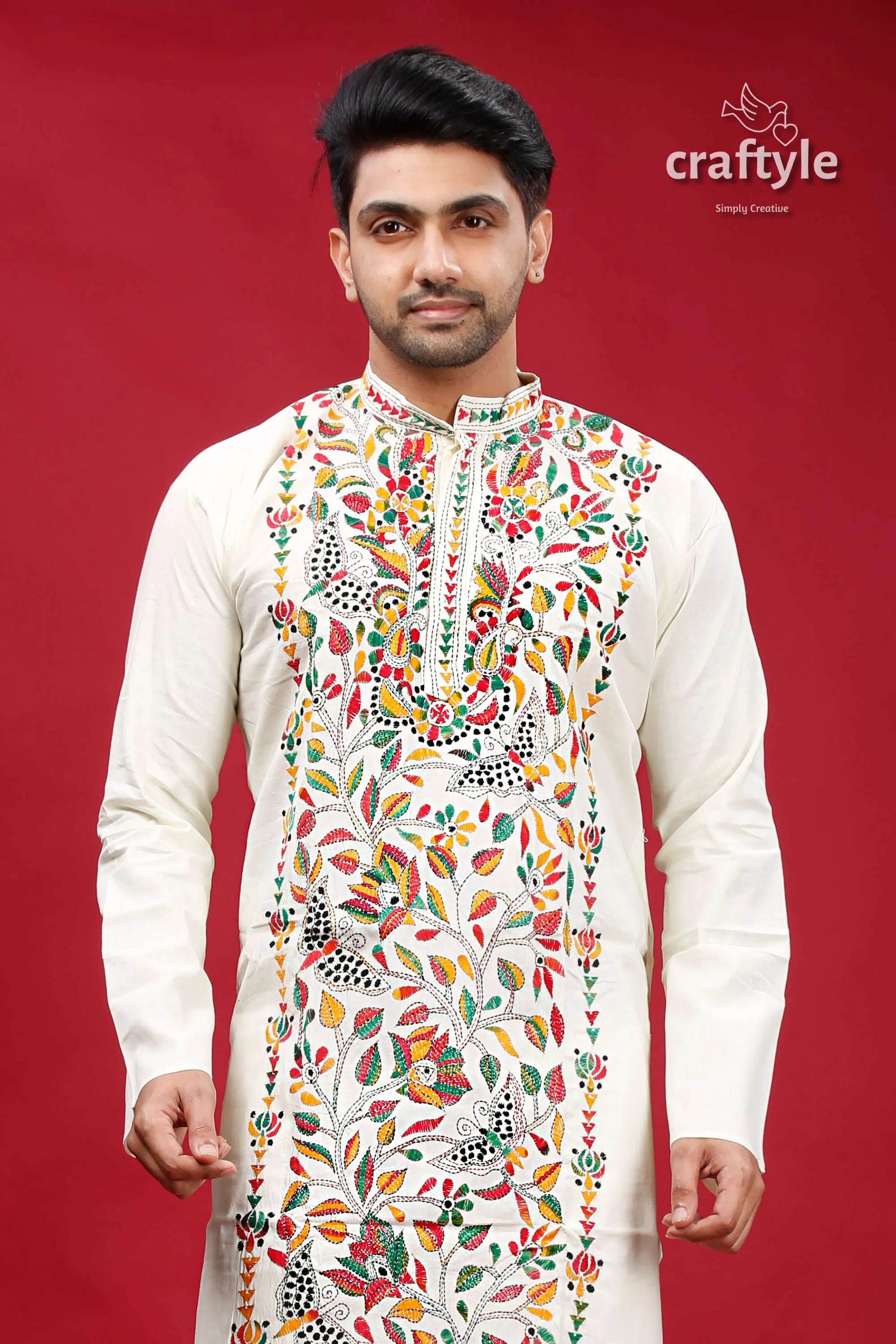 Chrome white multicolor hand embroidered kantha mens kurta man cream-colored intricate colorful 2
