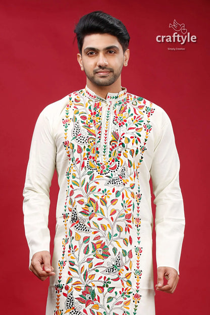 Chrome white multicolor hand embroidered kantha mens kurta man cream-colored intricate colorful 2