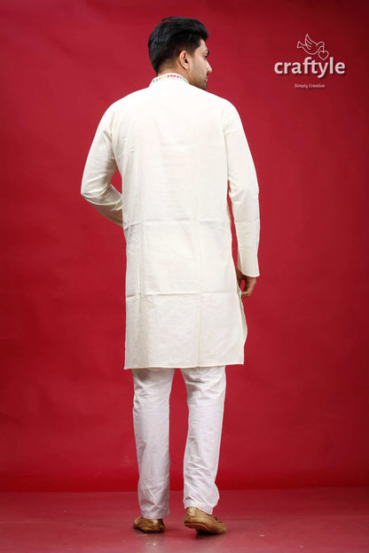 Chrome white multicolor hand embroidered kantha mens kurta man cream-colored long-sleeved subtle 5