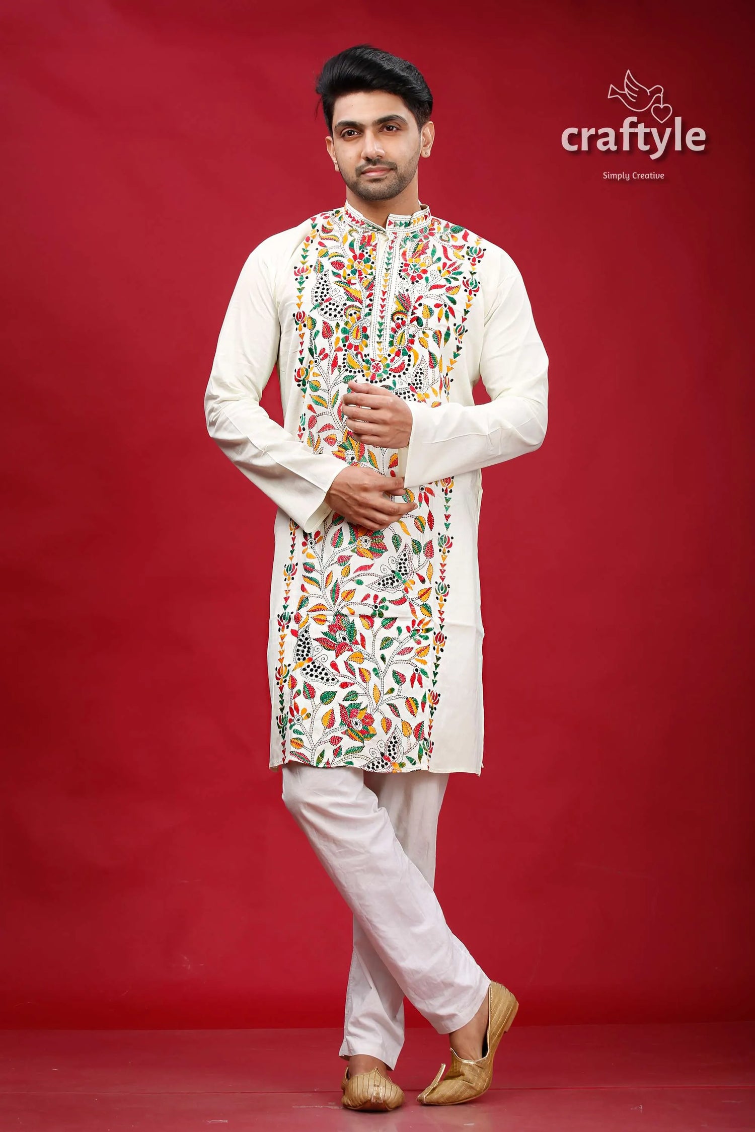 Chrome white multicolor hand embroidered kantha mens kurta man colorful 1