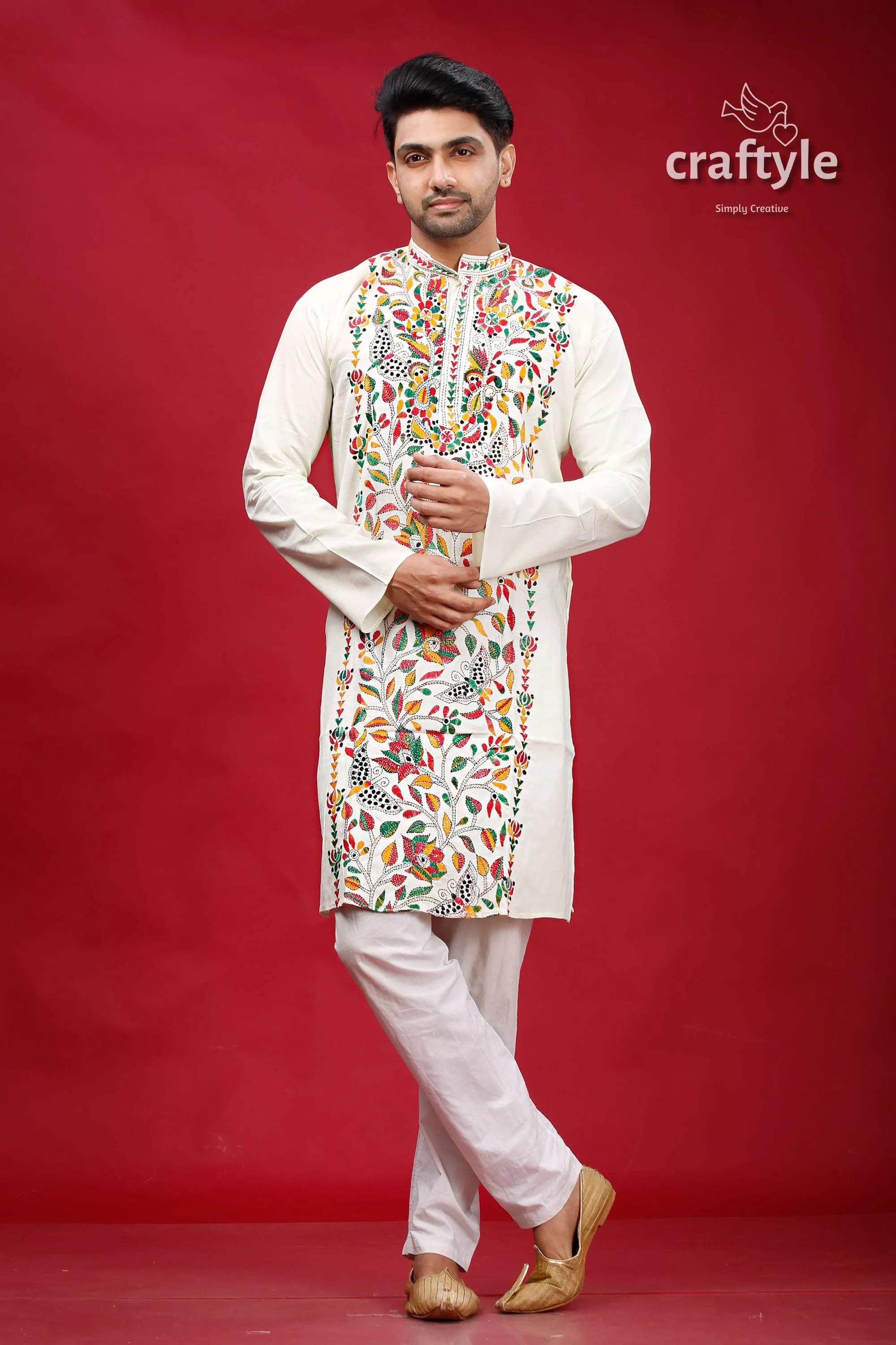 Chrome white multicolor hand embroidered kantha mens kurta man colorful 1