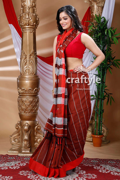 Cinamon Brown &amp; Red Handloom Cotton Saree-Craftyle