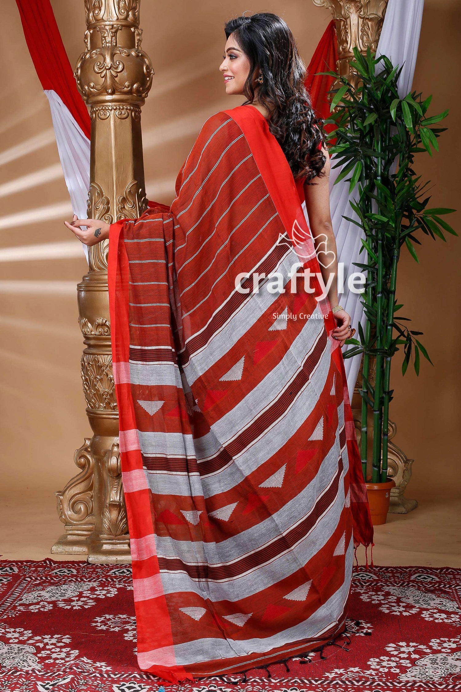 Cinamon Brown &amp; Red Handloom Cotton Saree-Craftyle