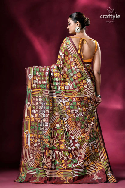 Cinnamon brown hand embroidery blended bangalore kantha silk saree embroidered maroon saree 6
