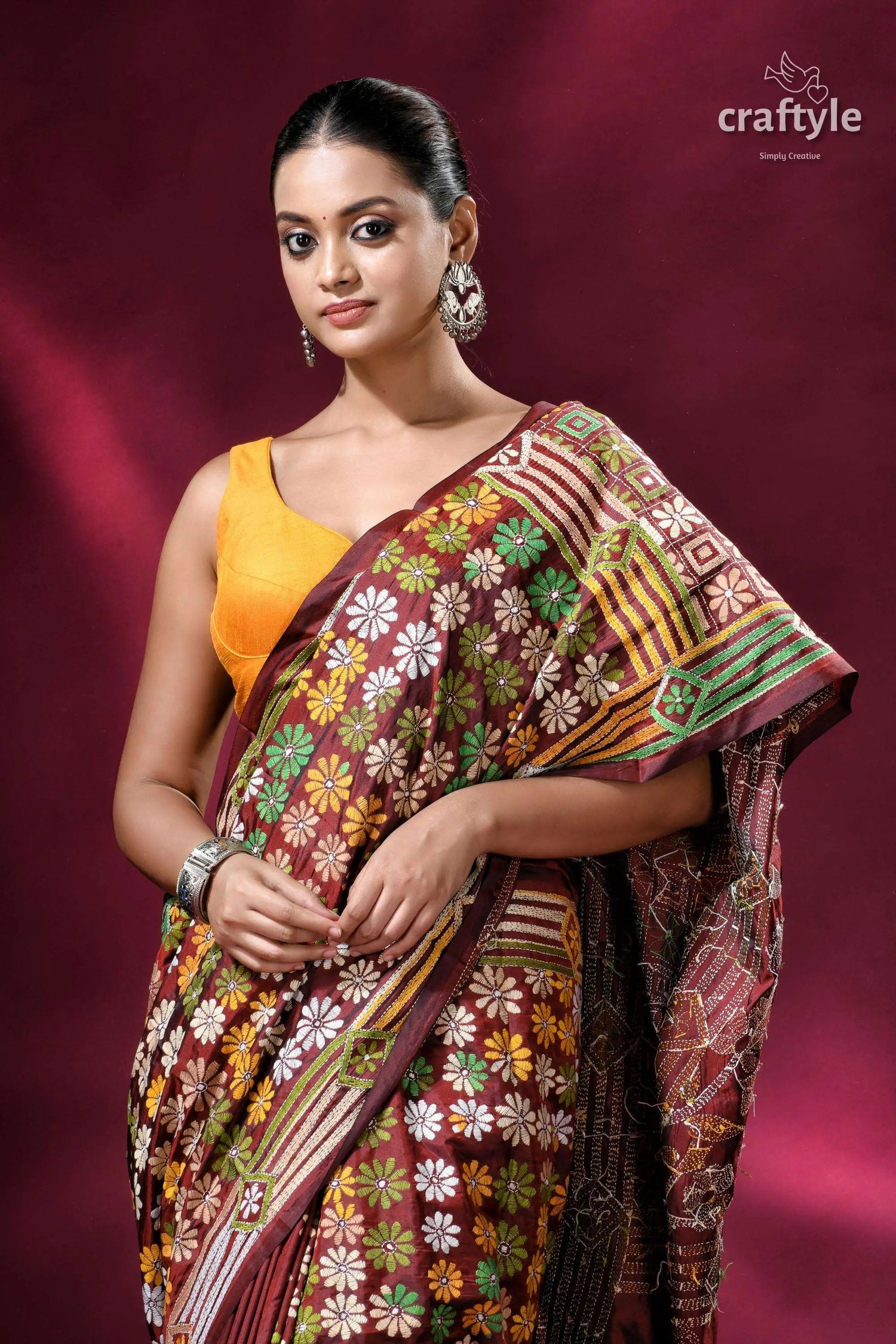 Cinnamon brown hand embroidery blended bangalore kantha silk saree floral-patterned saree 2