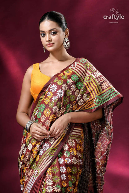 Cinnamon brown hand embroidery blended bangalore kantha silk saree floral-patterned saree 2