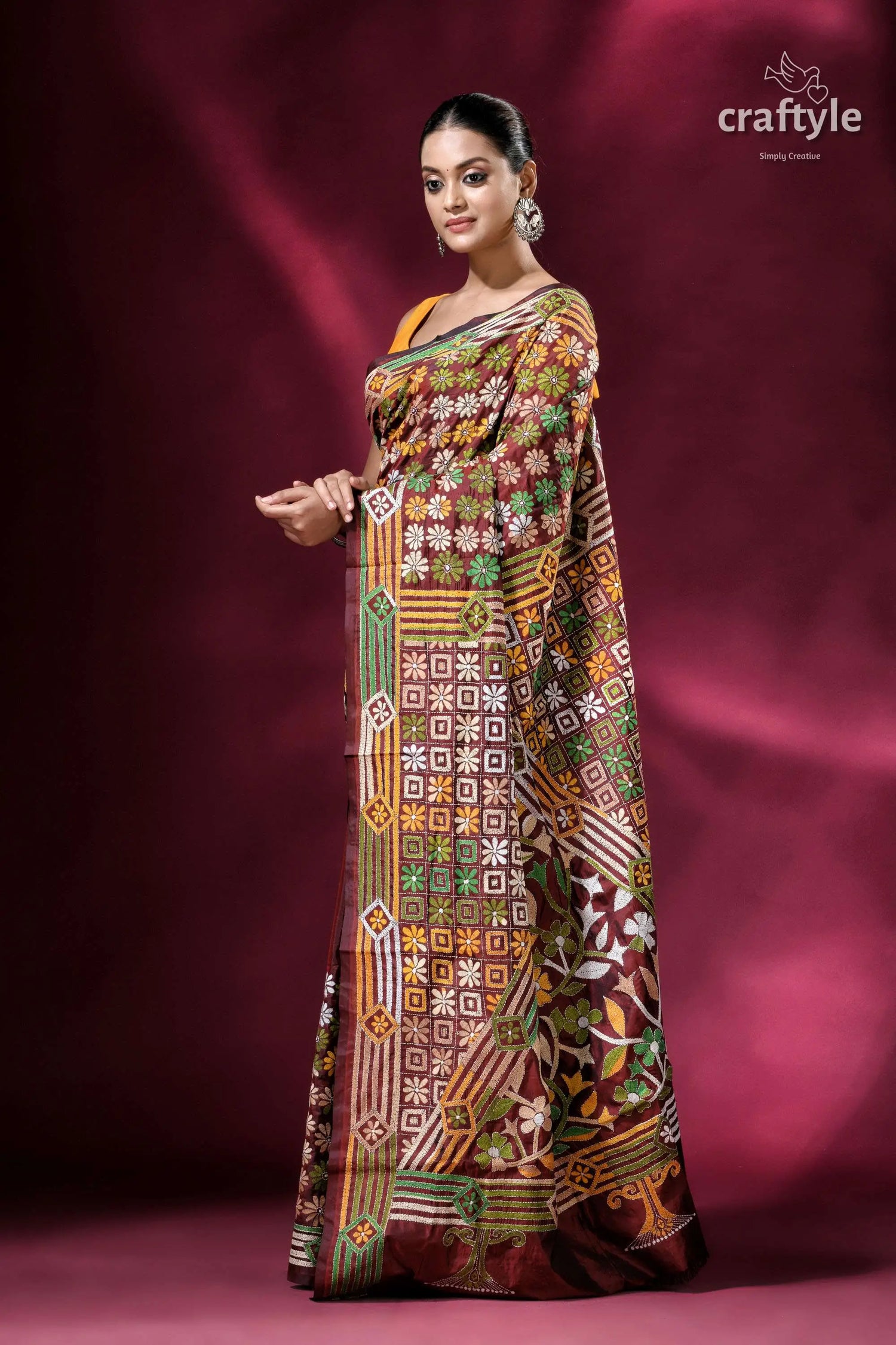 Cinnamon brown hand embroidery blended bangalore kantha silk saree woman patterned saree 4