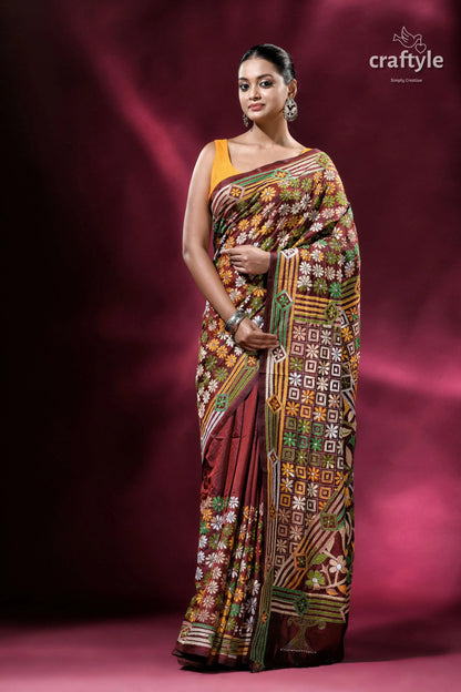 Cinnamon brown hand embroidery blended bangalore kantha silk saree woman patterned saree 3