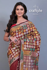 Cinnamon Brown Hand Embroidery Blended Bangalore Kantha Silk Saree-Craftyle