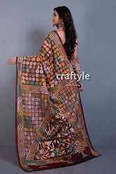 Cinnamon Brown Hand Embroidery Blended Bangalore Kantha Silk Saree-Craftyle