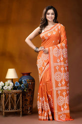 Circular motif hand embroidered silk kutch work saree in orange orange saree white embroidered patterns 6