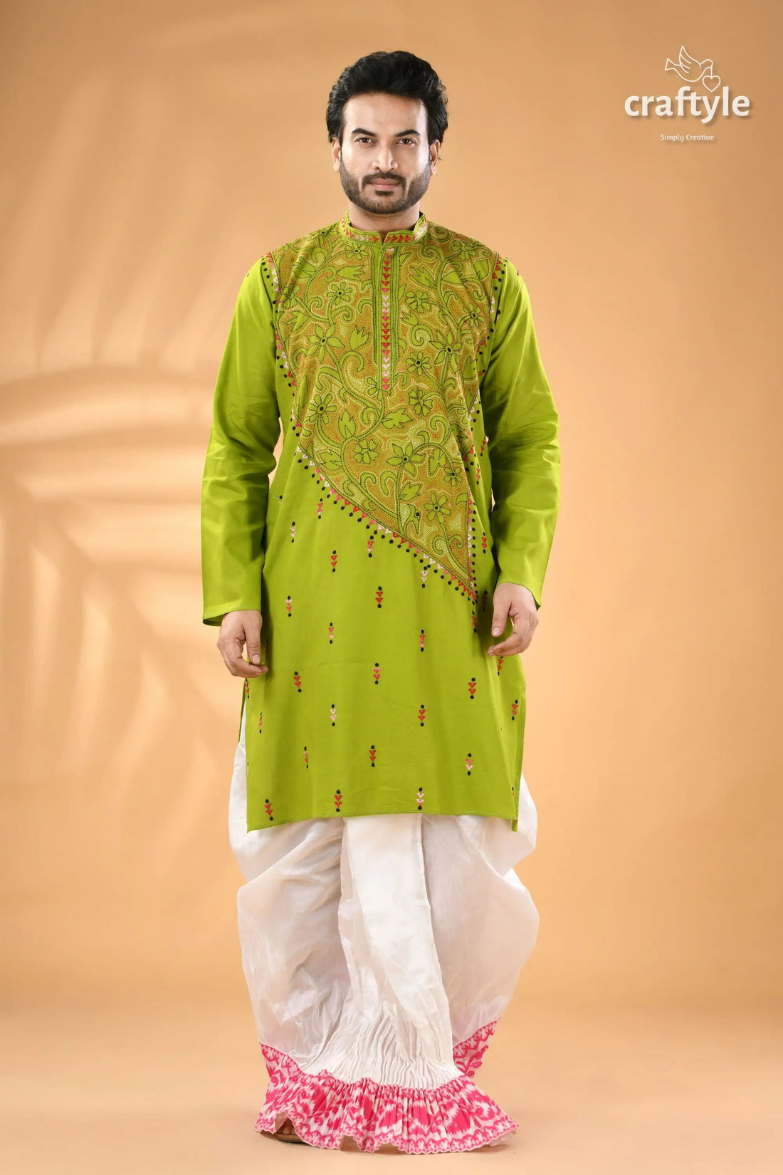Citrus green designer cotton panjabi for men reverse stitch men’s lime green long sleeved kurta 1
