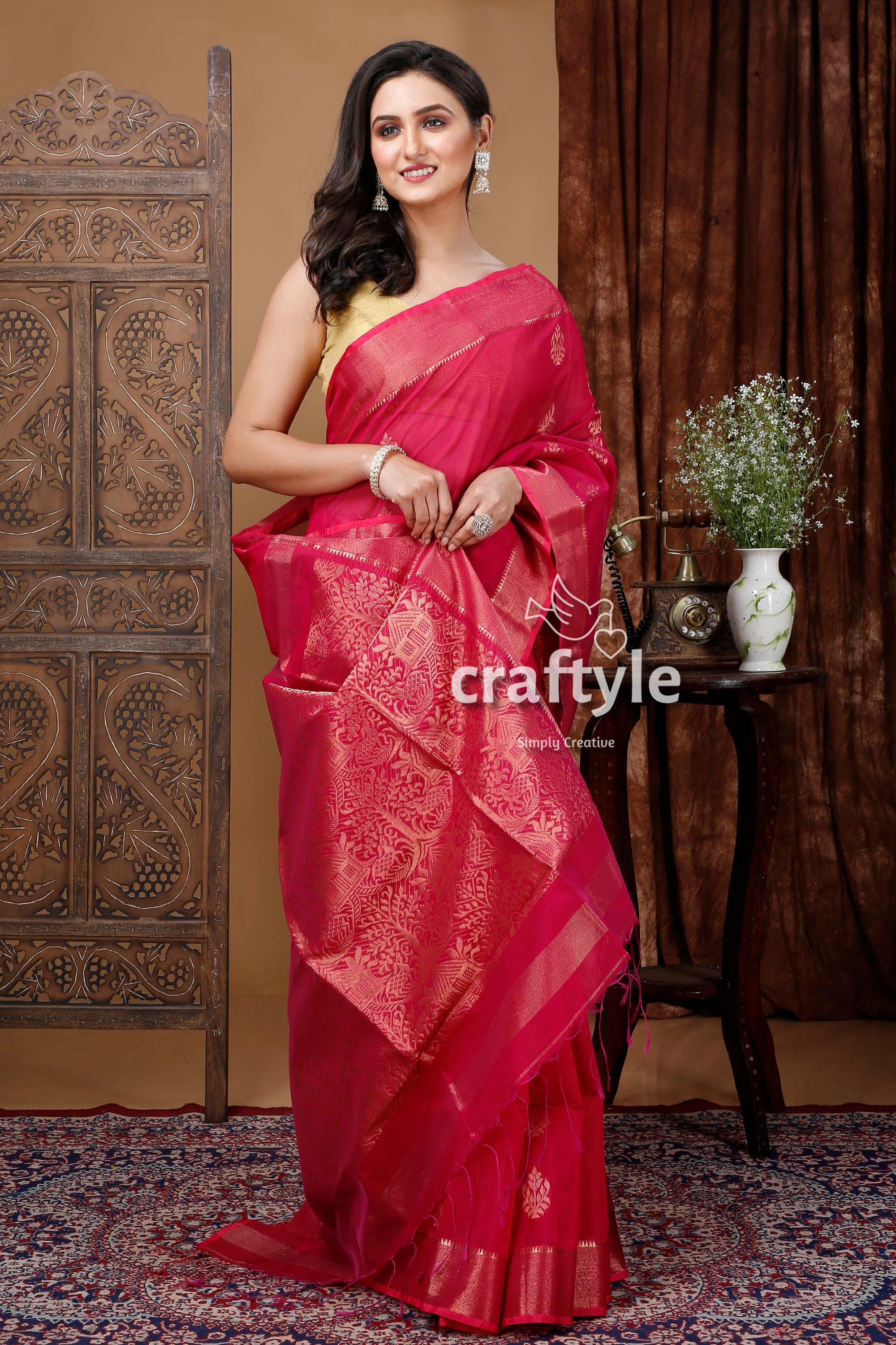 Claret Red Handloom Saree with Zari Work - Elegant Indian Ethnic Wear-Craftyle